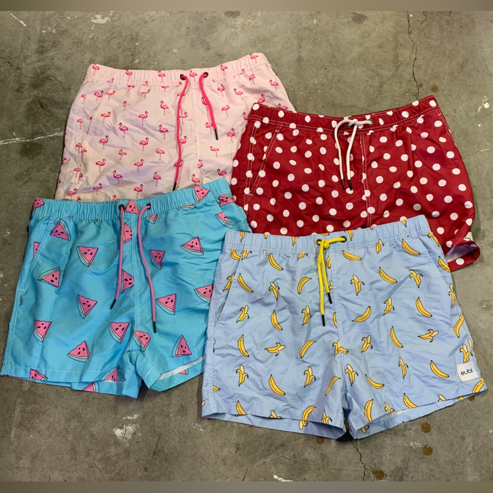 Eubi Size L Swim Shorts Trunks Suits, Banana Watermelon Flamingo Pink Red Blue